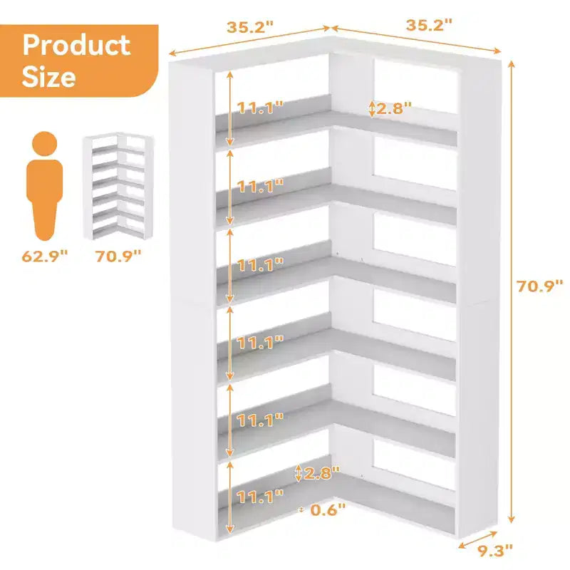 Étagère d'angle GustoWave, bibliothèque d'angle haute en bois à 6 niveaux avec déflecteurs, étagère ouverte en forme de L, étagère de rangement et de présentation, unité d'étagères.