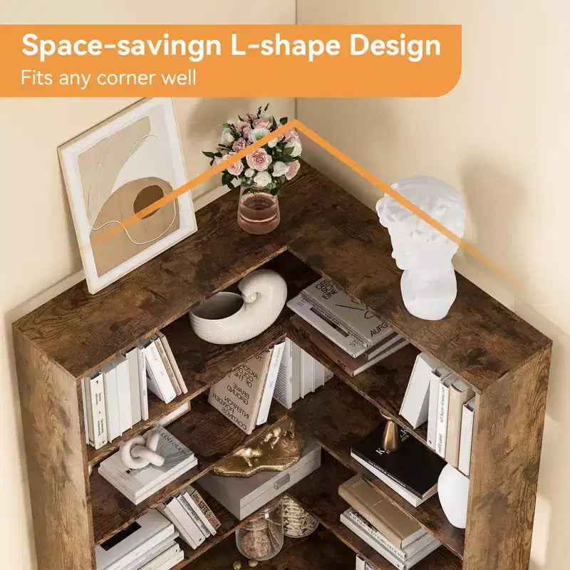 Étagère d'angle GustoWave, bibliothèque d'angle haute en bois à 6 niveaux avec déflecteurs, étagère ouverte en forme de L, étagère de rangement et de présentation, unité d'étagères.
