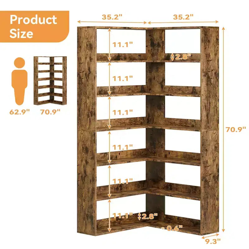 Étagère d'angle GustoWave, bibliothèque d'angle haute en bois à 6 niveaux avec déflecteurs, étagère ouverte en forme de L, étagère de rangement et de présentation, unité d'étagères.