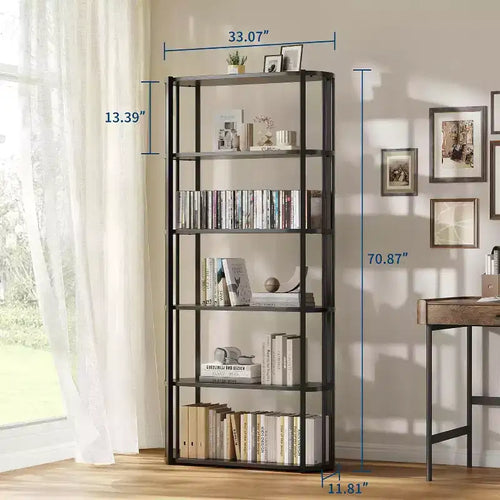 Bibliothèque 71, Étagère Haute Industrielle à 6 Niveaux, Grande Bibliothèque Ouverte à Cadre Métallique, Meuble de Rangement Bibliothèque Autonome en Bois