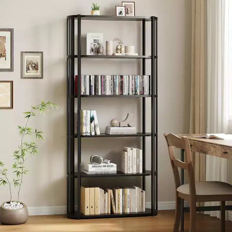 Bibliothèque 71, Étagère Haute Industrielle à 6 Niveaux, Grande Bibliothèque Ouverte à Cadre Métallique, Meuble de Rangement Bibliothèque Autonome en Bois