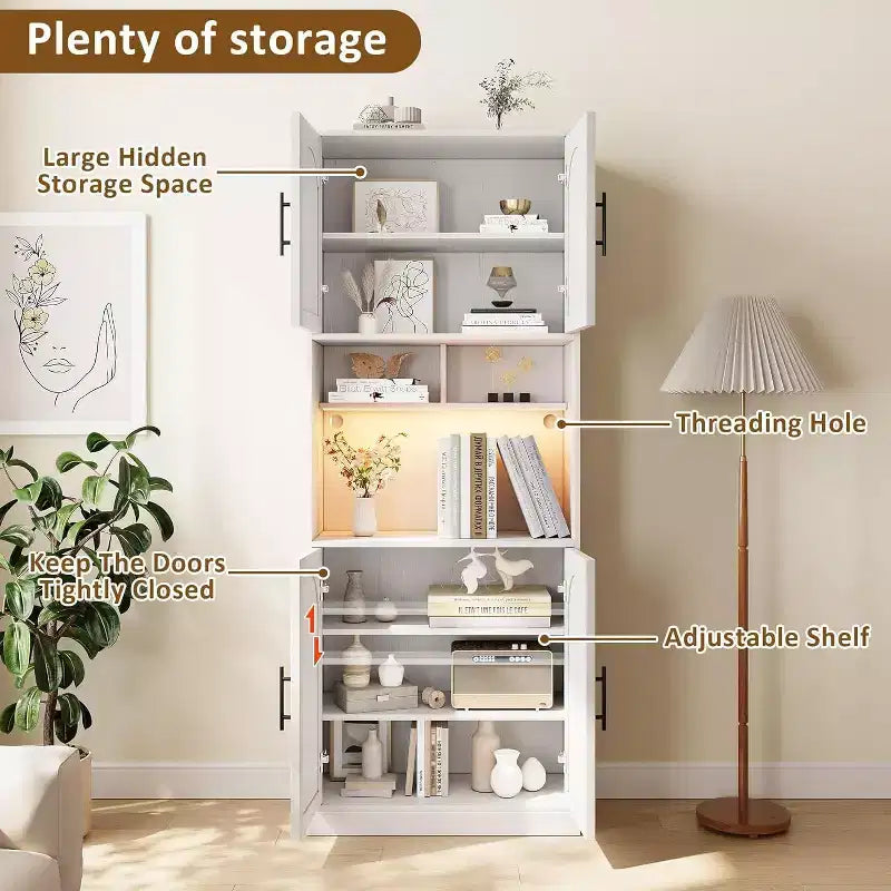 Meuble de cuisine de 180 cm de haut avec support micro-ondes et lumières LED, buffet de rangement, armoire étroite en bois pour salles à manger, appartements, blanc