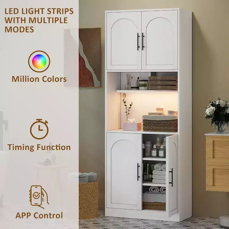 Meuble de cuisine de 180 cm de haut avec support micro-ondes et lumières LED, buffet de rangement, armoire étroite en bois pour salles à manger, appartements, blanc