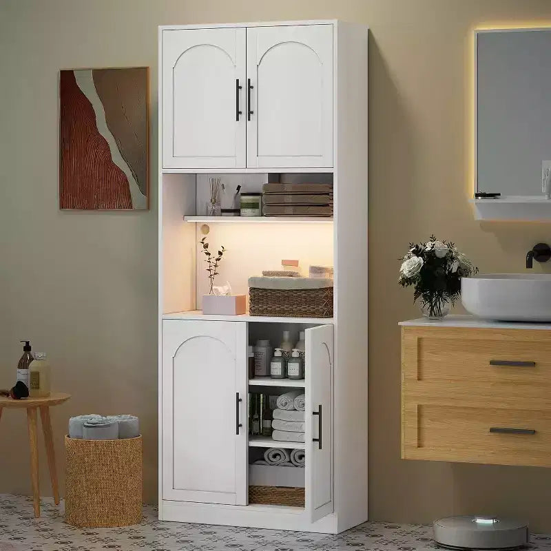 Meuble de cuisine de 180 cm de haut avec support micro-ondes et lumières LED, buffet de rangement, armoire étroite en bois pour salles à manger, appartements, blanc