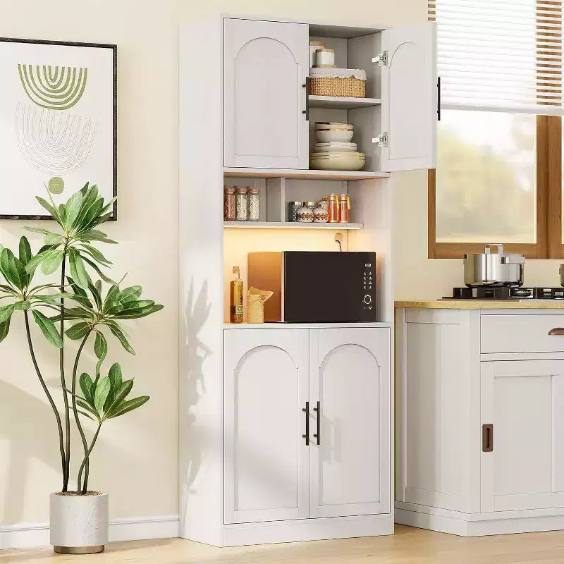 Meuble de cuisine de 180 cm de haut avec support micro-ondes et lumières LED, buffet de rangement, armoire étroite en bois pour salles à manger, appartements, blanc