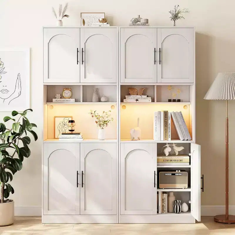 Meuble de cuisine de 180 cm de haut avec support micro-ondes et lumières LED, buffet de rangement, armoire étroite en bois pour salles à manger, appartements, blanc