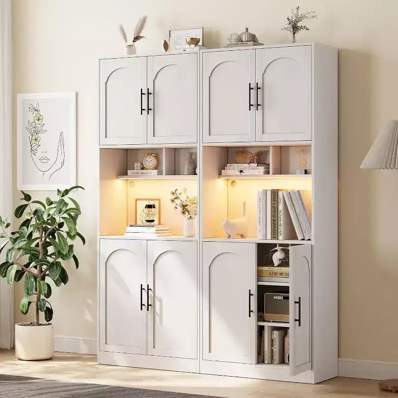 Meuble de cuisine de 180 cm de haut avec support micro-ondes et lumières LED, buffet de rangement, armoire étroite en bois pour salles à manger, appartements, blanc