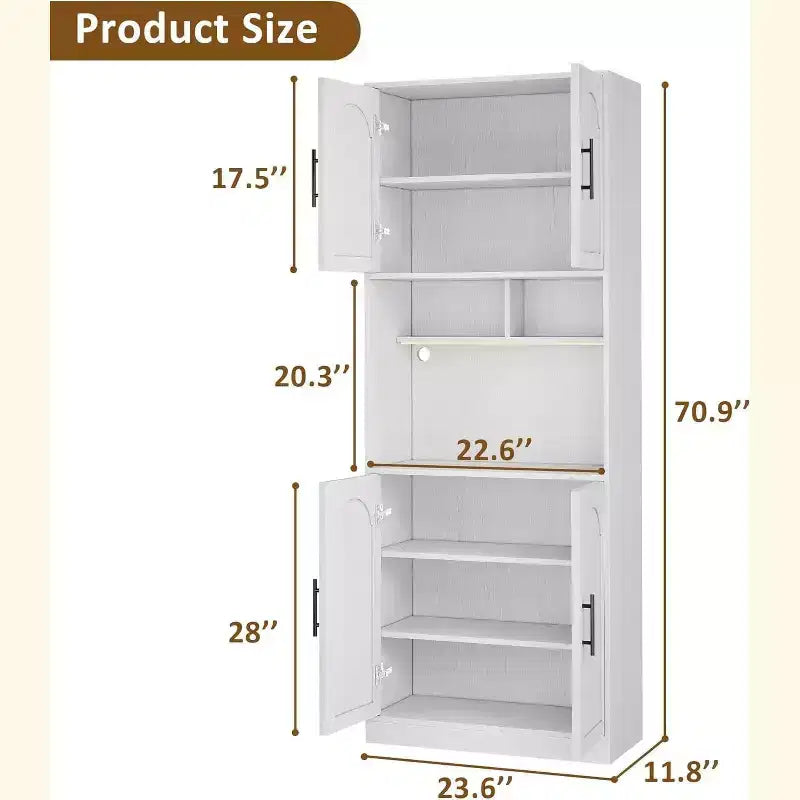 Meuble de cuisine de 180 cm de haut avec support micro-ondes et lumières LED, buffet de rangement, armoire étroite en bois pour salles à manger, appartements, blanc
