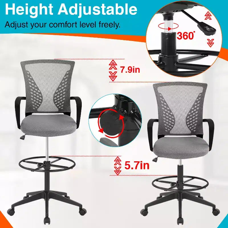 FDW Chaise de bureau haute avec hauteur réglable et dossier en maille respirante
