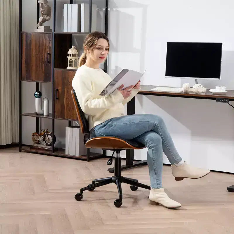 HOMCOM Chaise de bureau sans accoudoirs à roulettes, fauteuil de bureau mi-dossier en cuir PU avec hauteur réglable, pivotant à 360° pour bureau, salle de réunion