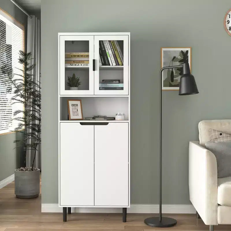 MAYEERTY Bibliothèque haute en verre trempé avec étagères réglables, Armoire 4 portes en MDF peint noir pour salon/chambre à coucher