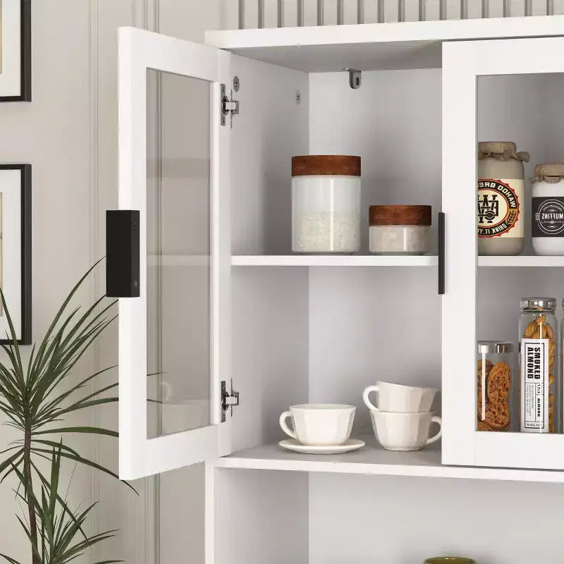 MAYEERTY Bibliothèque haute en verre trempé avec étagères réglables, Armoire 4 portes en MDF peint noir pour salon/chambre à coucher