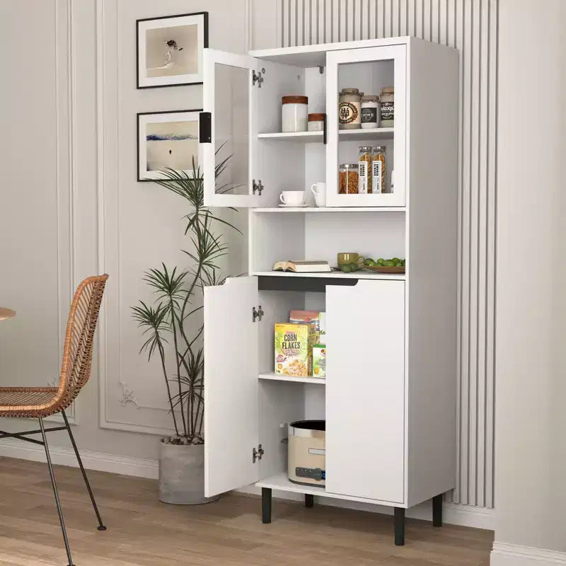 MAYEERTY Bibliothèque haute en verre trempé avec étagères réglables, Armoire 4 portes en MDF peint noir pour salon/chambre à coucher