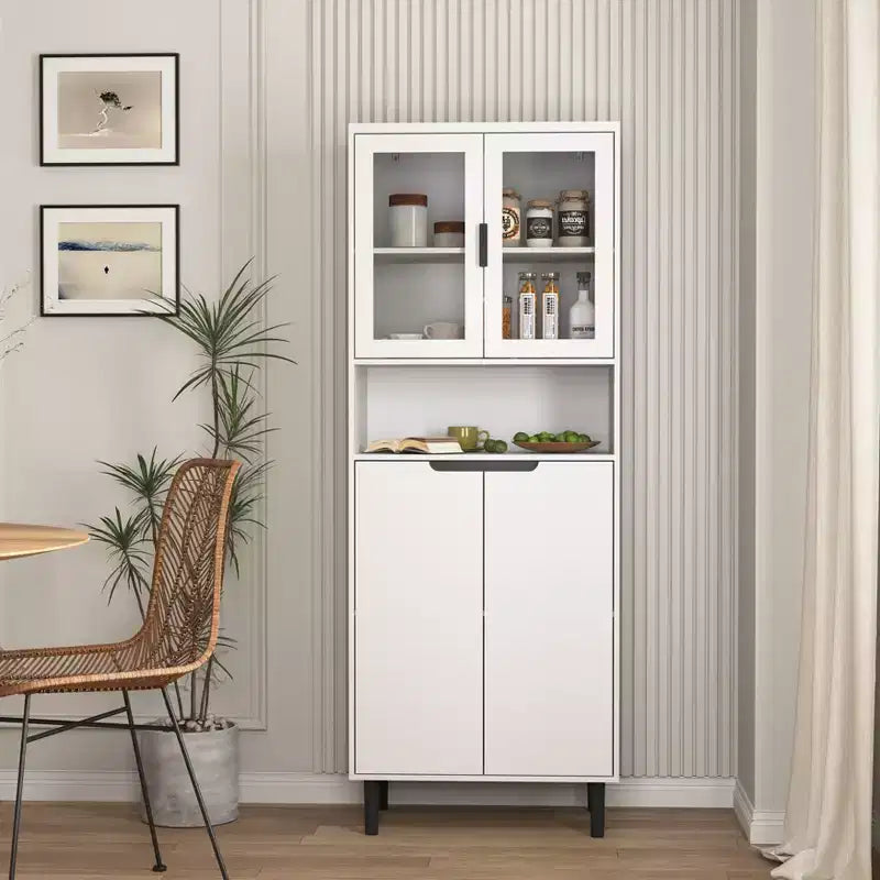MAYEERTY Bibliothèque haute en verre trempé avec étagères réglables, Armoire 4 portes en MDF peint noir pour salon/chambre à coucher