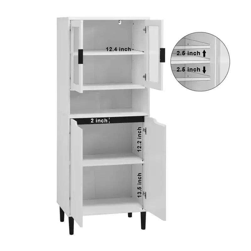 MAYEERTY Bibliothèque haute en verre trempé avec étagères réglables, Armoire 4 portes en MDF peint noir pour salon/chambre à coucher