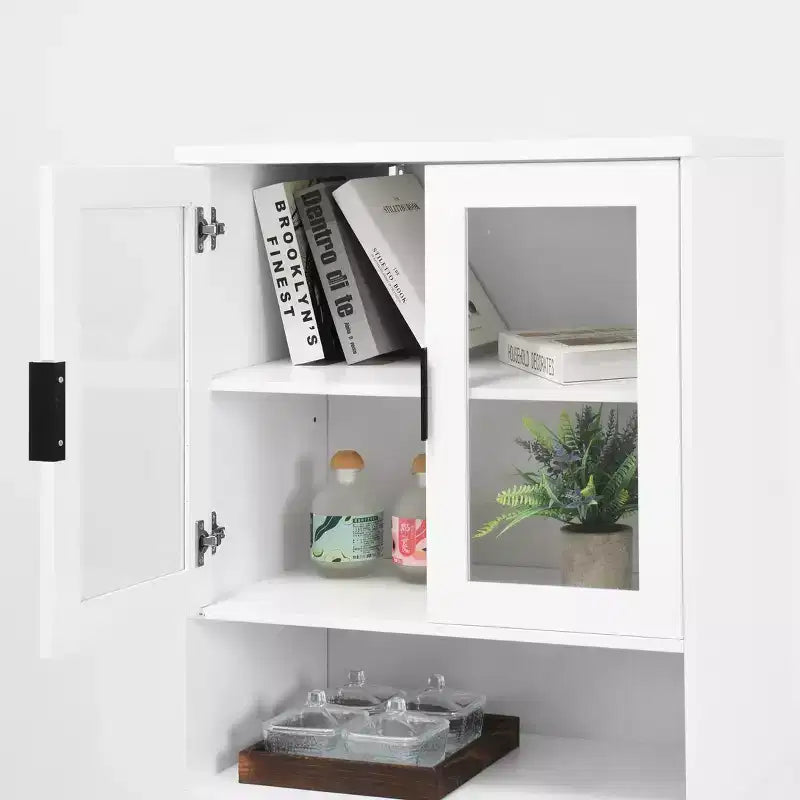 MAYEERTY Bibliothèque haute en verre trempé avec étagères réglables, Armoire 4 portes en MDF peint noir pour salon/chambre à coucher