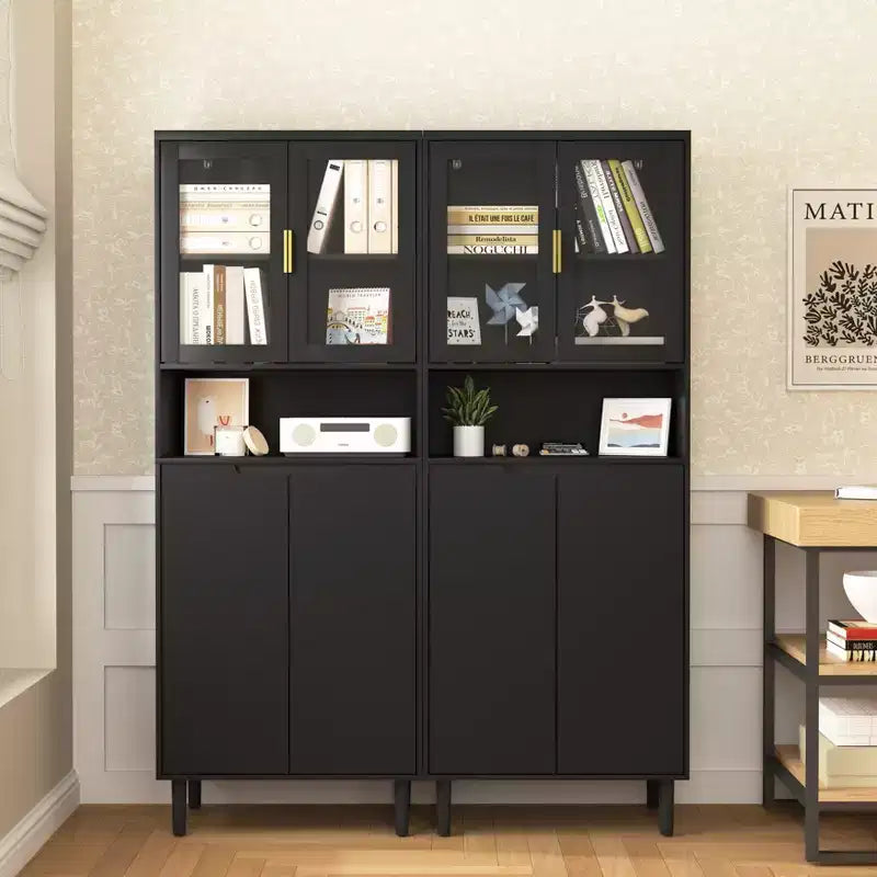 MAYEERTY Bibliothèque haute en verre trempé avec étagères réglables, Armoire 4 portes en MDF peint noir pour salon/chambre à coucher