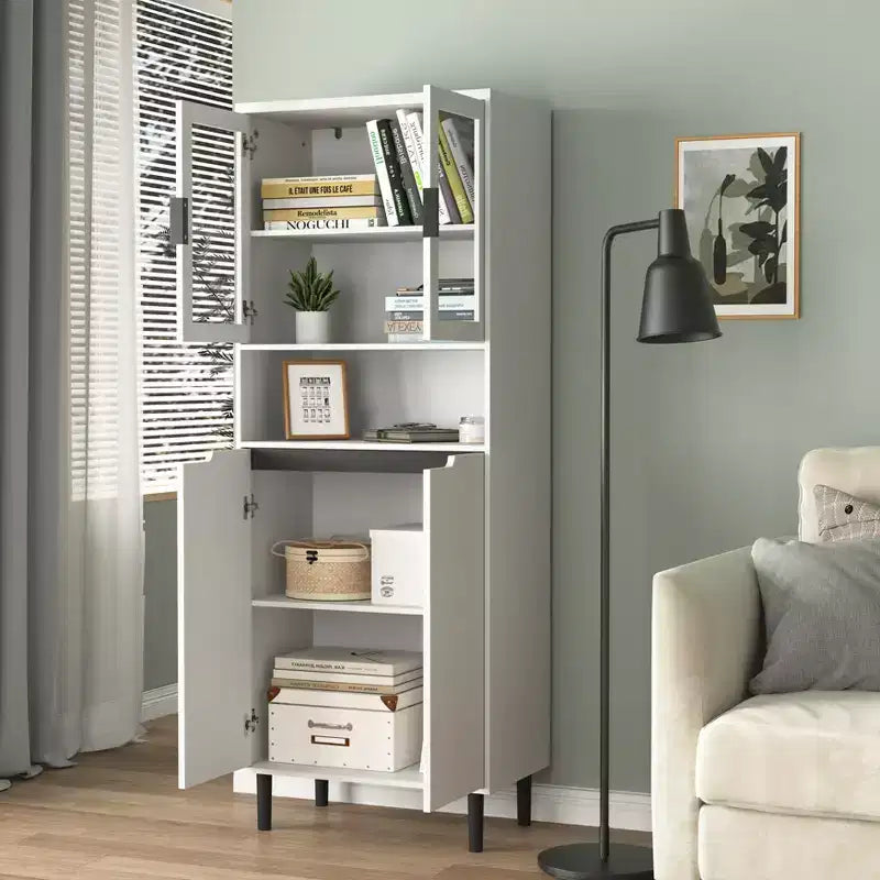 MAYEERTY Bibliothèque haute en verre trempé avec étagères réglables, Armoire 4 portes en MDF peint noir pour salon/chambre à coucher