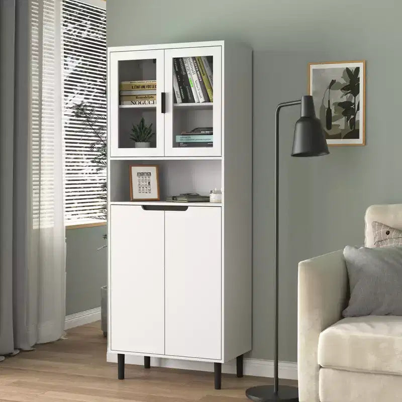 MAYEERTY Bibliothèque haute en verre trempé avec étagères réglables, Armoire 4 portes en MDF peint noir pour salon/chambre à coucher