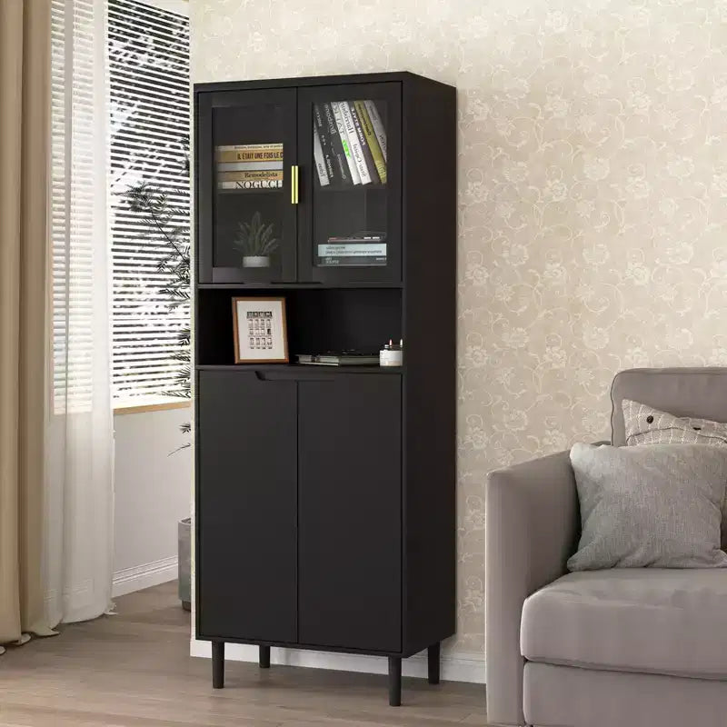 MAYEERTY Bibliothèque haute en verre trempé avec étagères réglables, Armoire 4 portes en MDF peint noir pour salon/chambre à coucher