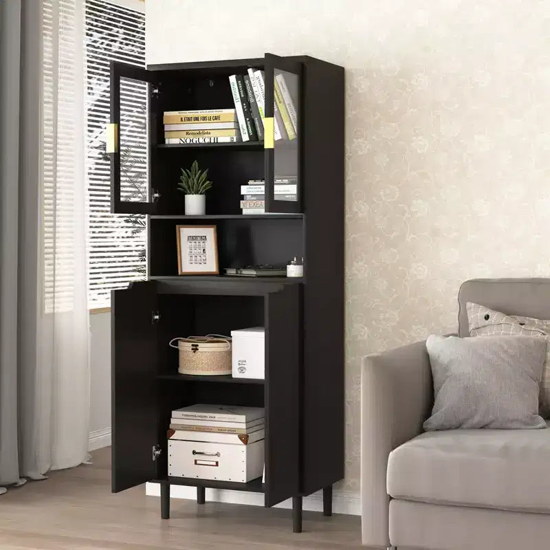 MAYEERTY Bibliothèque haute en verre trempé avec étagères réglables, Armoire 4 portes en MDF peint noir pour salon/chambre à coucher