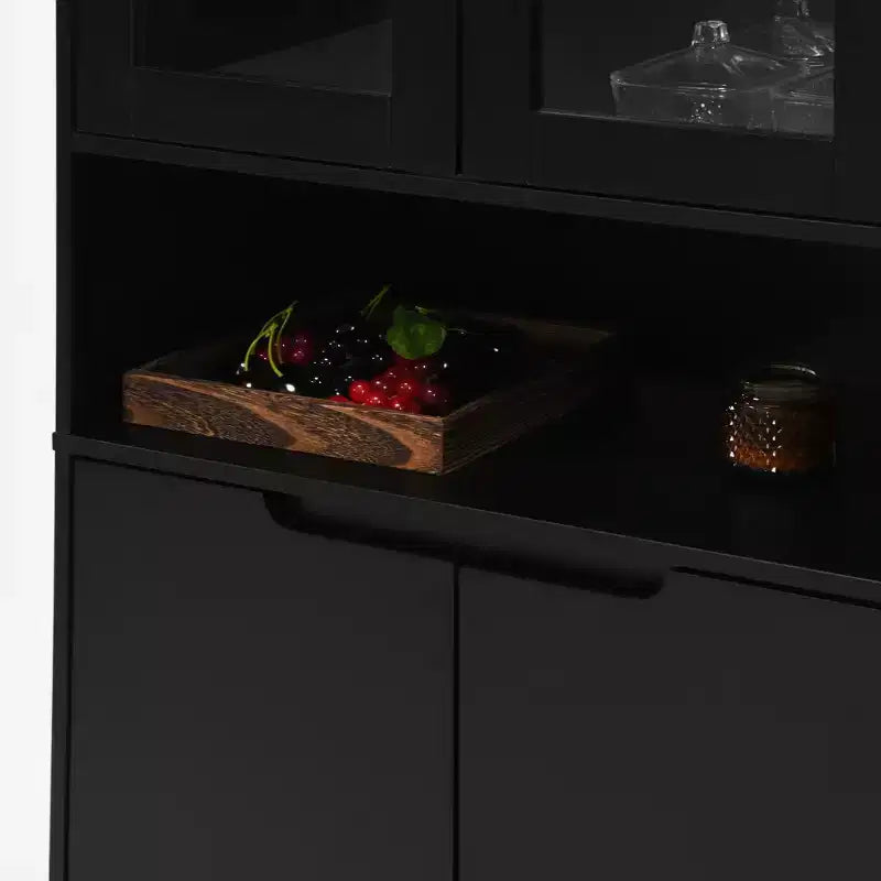 MAYEERTY Bibliothèque haute en verre trempé avec étagères réglables, Armoire 4 portes en MDF peint noir pour salon/chambre à coucher