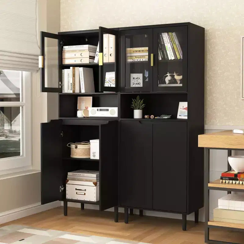 MAYEERTY Bibliothèque haute en verre trempé avec étagères réglables, Armoire 4 portes en MDF peint noir pour salon/chambre à coucher
