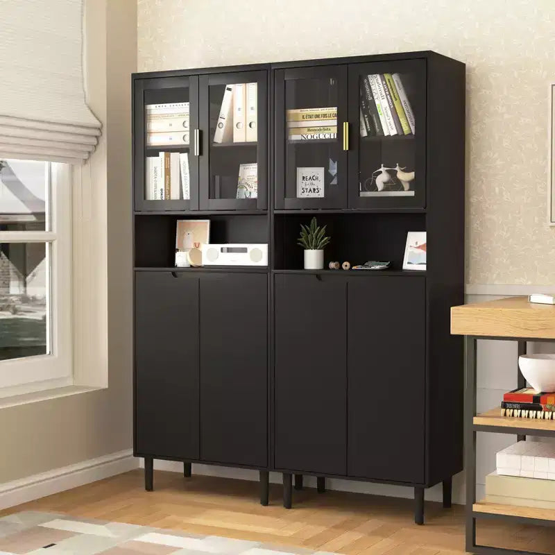 MAYEERTY Bibliothèque haute en verre trempé avec étagères réglables, Armoire 4 portes en MDF peint noir pour salon/chambre à coucher