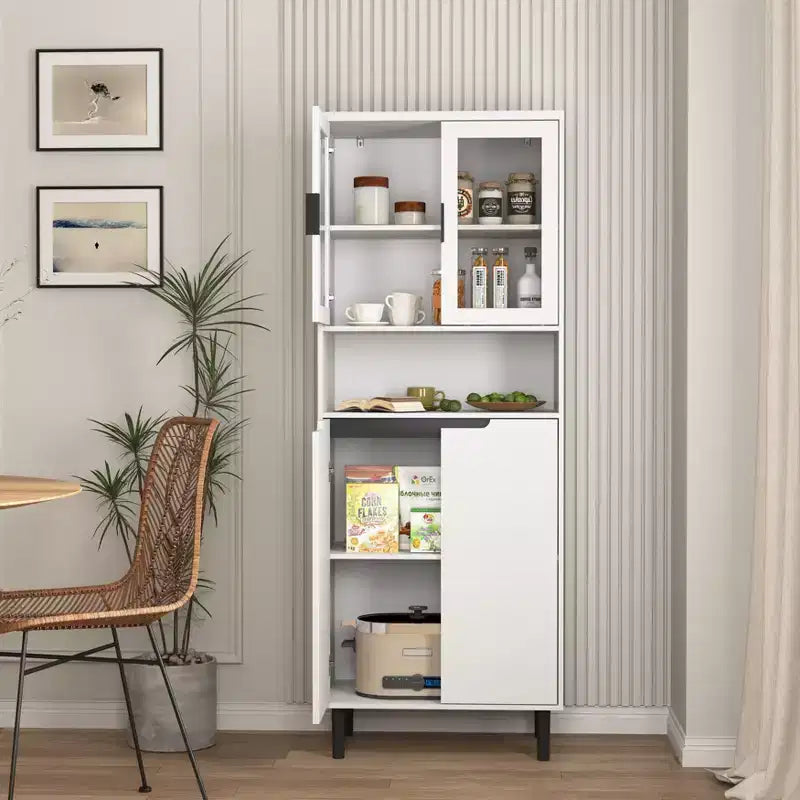 MAYEERTY Bibliothèque haute en verre trempé avec étagères réglables, Armoire 4 portes en MDF peint noir pour salon/chambre à coucher