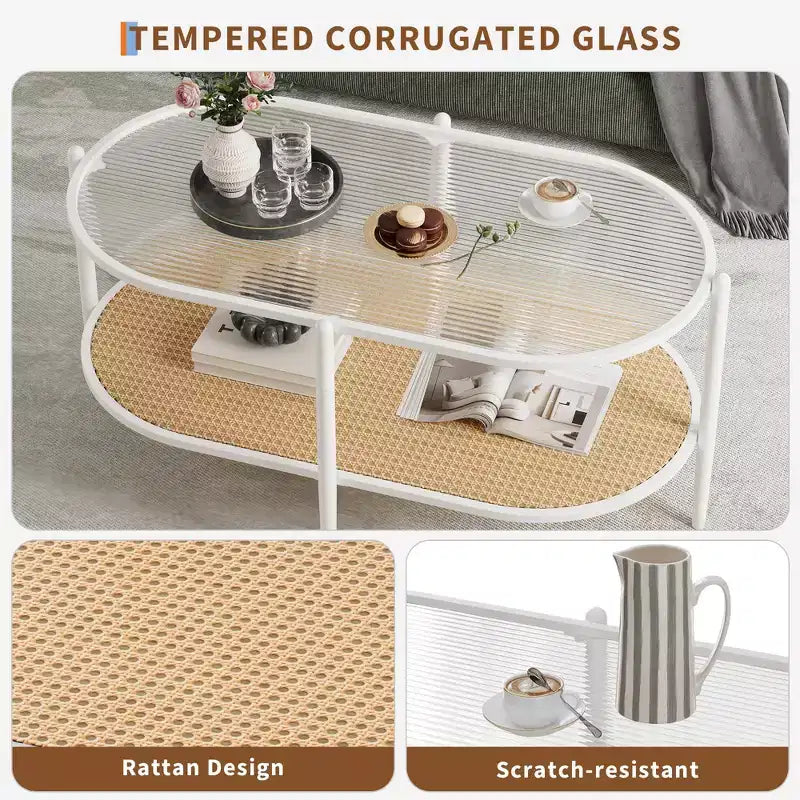 Table basse ovale de 37" avec étagère de rangement en rotin, tables centrales modernes du milieu du siècle à 2 niveaux avec cadre en métal pour salon, bureau, petit espace