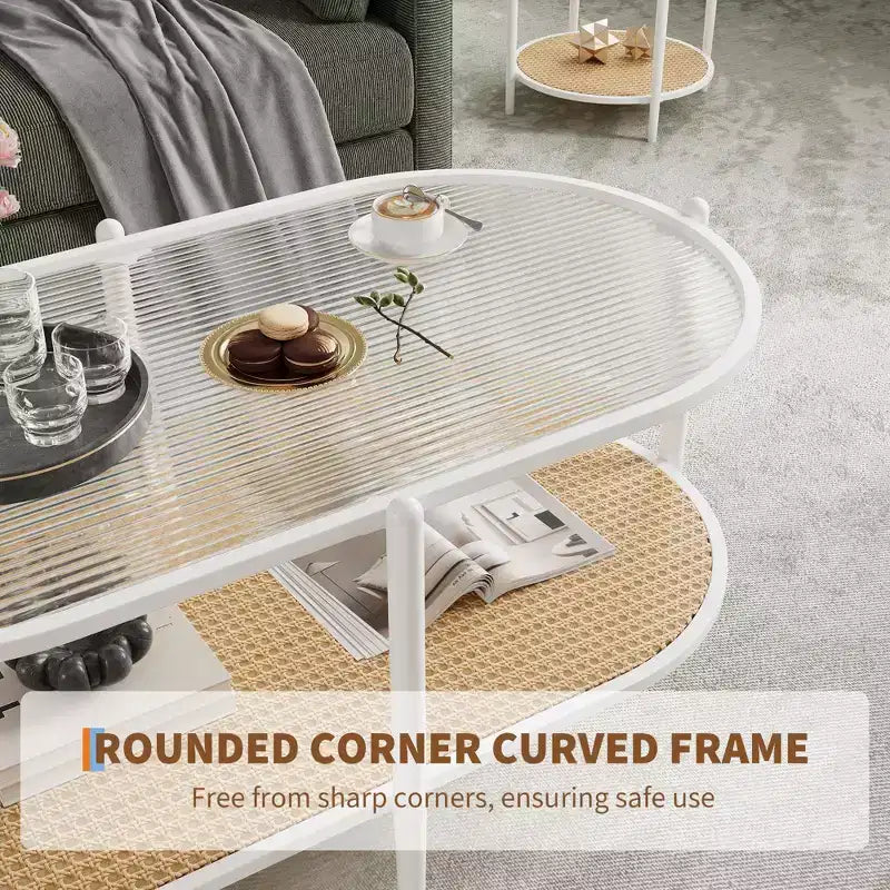Table basse ovale de 37" avec étagère de rangement en rotin, tables centrales modernes du milieu du siècle à 2 niveaux avec cadre en métal pour salon, bureau, petit espace
