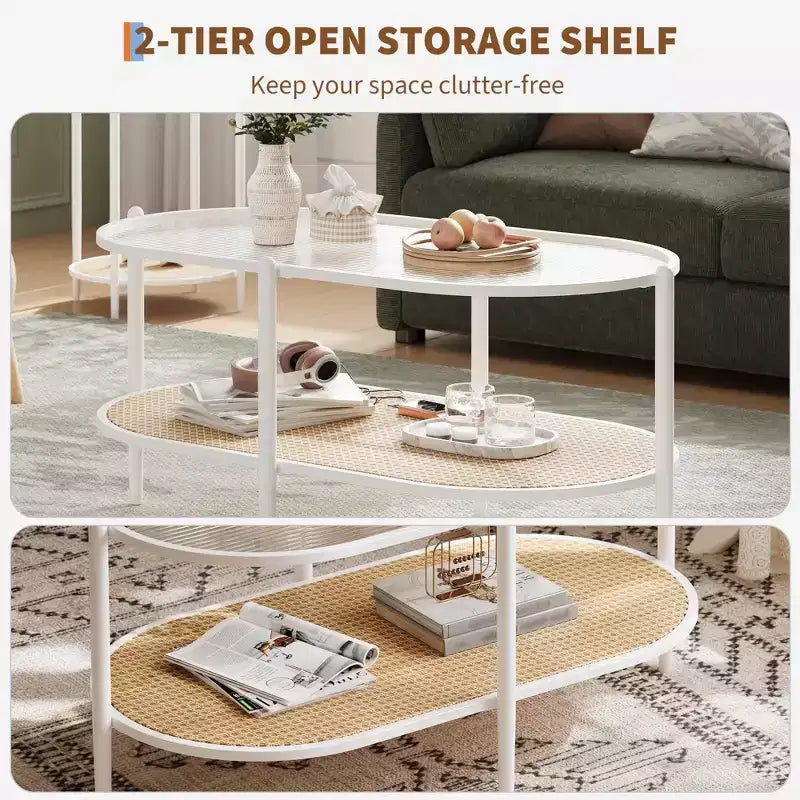 Table basse ovale de 37" avec étagère de rangement en rotin, tables centrales modernes du milieu du siècle à 2 niveaux avec cadre en métal pour salon, bureau, petit espace