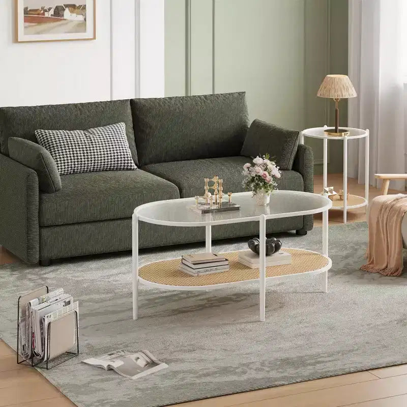 Table basse ovale de 37" avec étagère de rangement en rotin, tables centrales modernes du milieu du siècle à 2 niveaux avec cadre en métal pour salon, bureau, petit espace