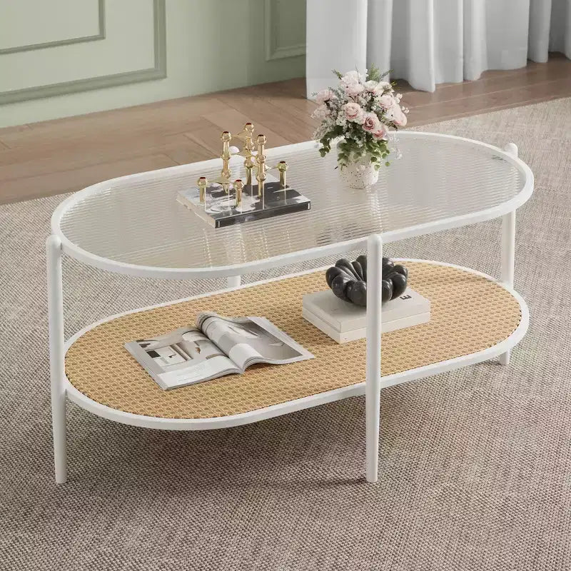Table basse ovale de 37" avec étagère de rangement en rotin, tables centrales modernes du milieu du siècle à 2 niveaux avec cadre en métal pour salon, bureau, petit espace