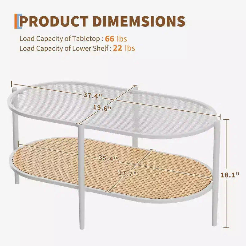 Table basse ovale de 37" avec étagère de rangement en rotin, tables centrales modernes du milieu du siècle à 2 niveaux avec cadre en métal pour salon, bureau, petit espace