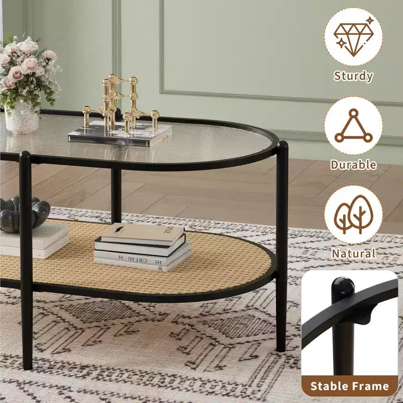 Table basse ovale de 37" avec étagère de rangement en rotin, tables centrales modernes du milieu du siècle à 2 niveaux avec cadre en métal pour salon, bureau, petit espace
