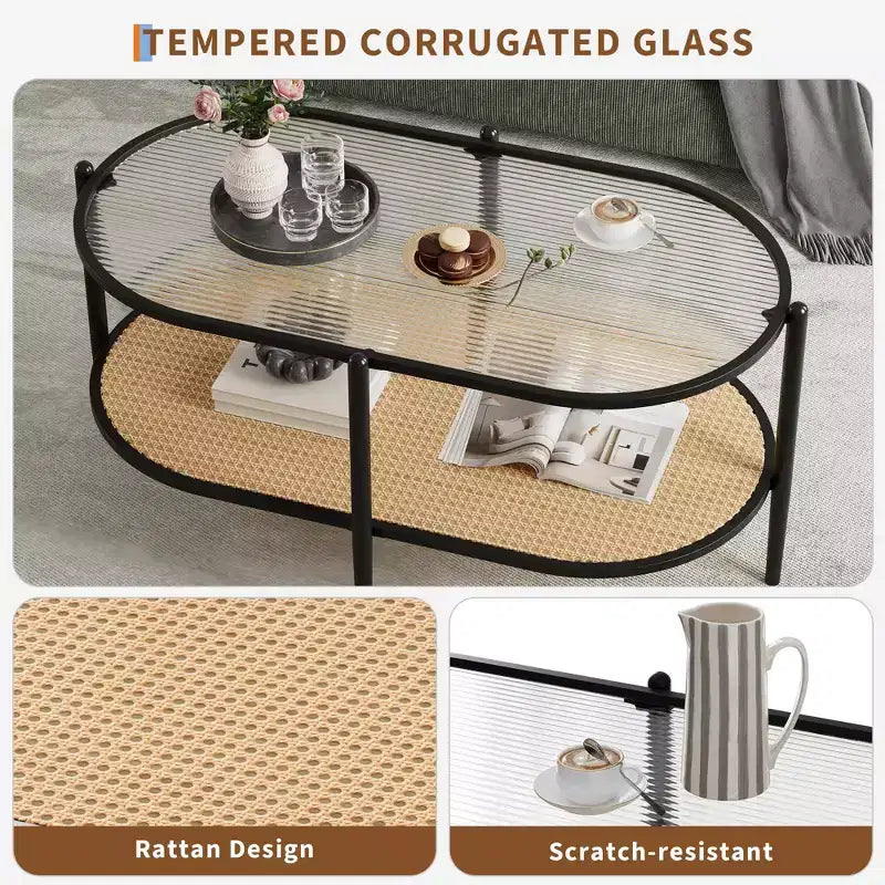 Table basse ovale de 37" avec étagère de rangement en rotin, tables centrales modernes du milieu du siècle à 2 niveaux avec cadre en métal pour salon, bureau, petit espace