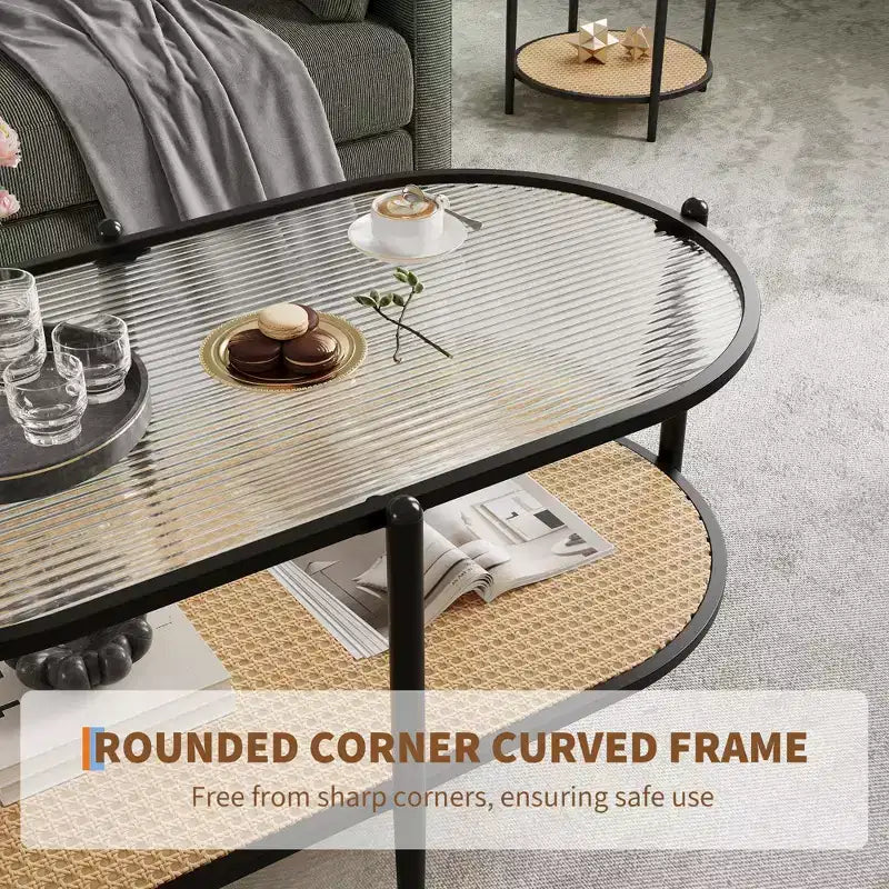 Table basse ovale de 37" avec étagère de rangement en rotin, tables centrales modernes du milieu du siècle à 2 niveaux avec cadre en métal pour salon, bureau, petit espace