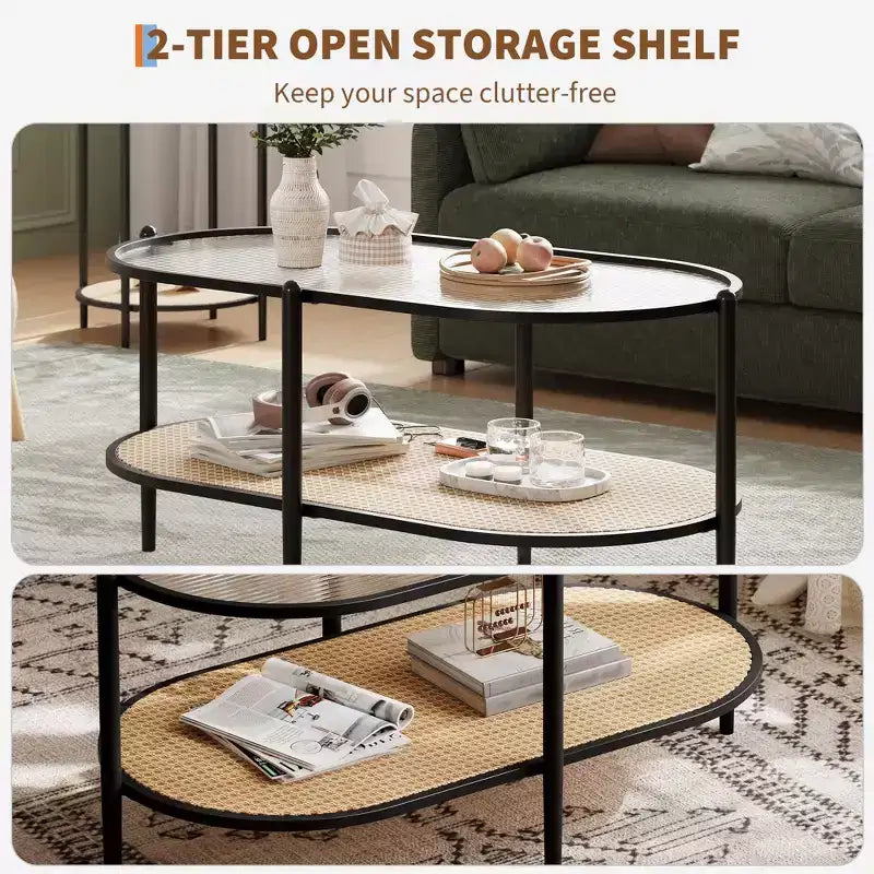 Table basse ovale de 37" avec étagère de rangement en rotin, tables centrales modernes du milieu du siècle à 2 niveaux avec cadre en métal pour salon, bureau, petit espace