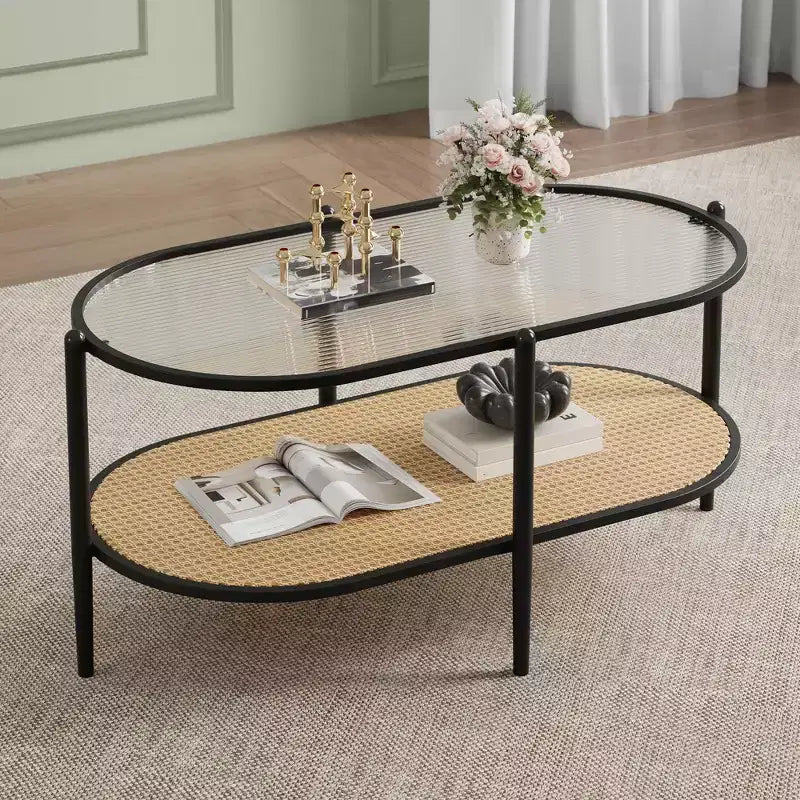 Table basse ovale de 37" avec étagère de rangement en rotin, tables centrales modernes du milieu du siècle à 2 niveaux avec cadre en métal pour salon, bureau, petit espace
