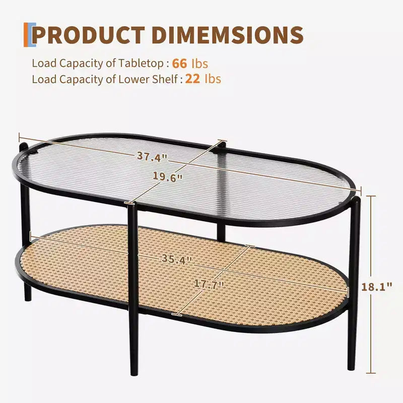 Table basse ovale de 37" avec étagère de rangement en rotin, tables centrales modernes du milieu du siècle à 2 niveaux avec cadre en métal pour salon, bureau, petit espace