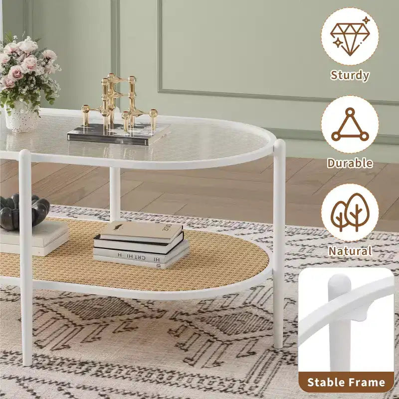 Table basse ovale de 37" avec étagère de rangement en rotin, tables centrales modernes du milieu du siècle à 2 niveaux avec cadre en métal pour salon, bureau, petit espace