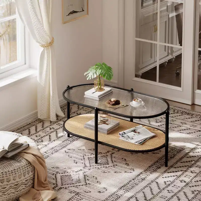 37 Oval Coffee Table with Rattan Storage Shelf, 2-Tier Metal Frame Mid Century Modern Center Tables for Living Room, Office, Small Space