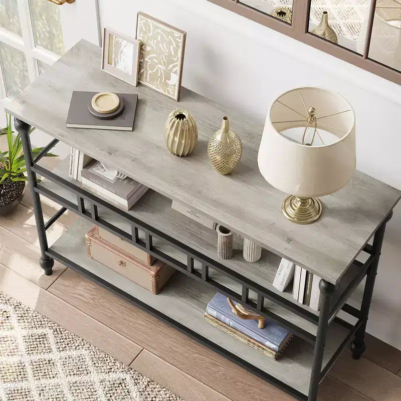 Console 43, Table d'entrée industrielle à 3 niveaux, Table de canapé étroite avec étagères