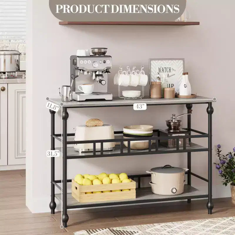 Console 43, Table d'entrée industrielle à 3 niveaux, Table de canapé étroite avec étagères