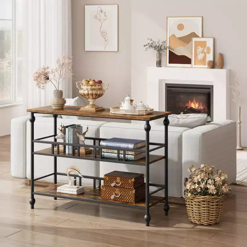 Console 43, Table d'entrée industrielle à 3 niveaux, Table de canapé étroite avec étagères