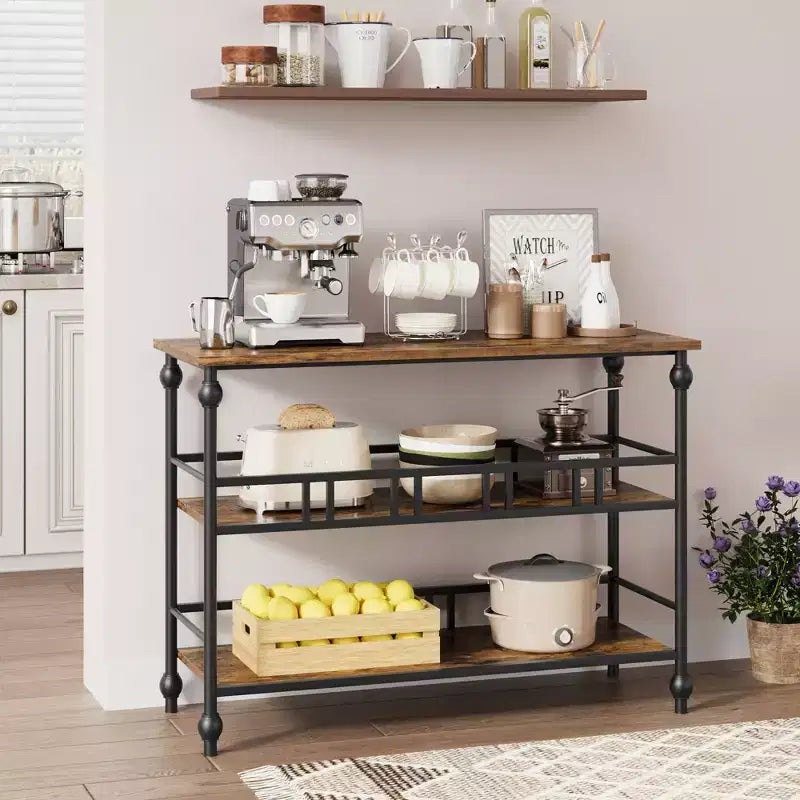 Console 43, Table d'entrée industrielle à 3 niveaux, Table de canapé étroite avec étagères