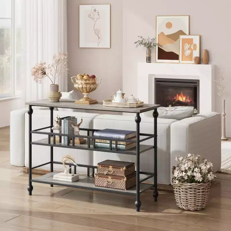 Console 43, Table d'entrée industrielle à 3 niveaux, Table de canapé étroite avec étagères