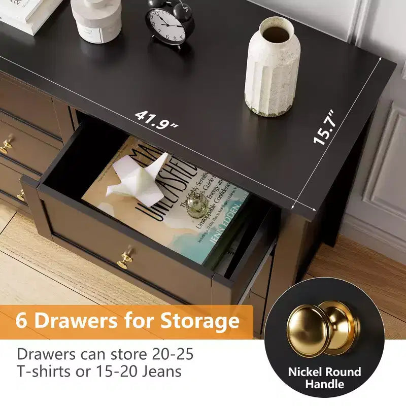 Commode noire à 6 tiroirs pour chambre à coucher, grande commode double moderne en bois avec tiroirs profonds et boutons en métal pour chambre d'enfant, entrée, couloir