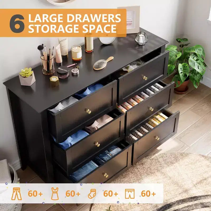 Commode noire à 6 tiroirs pour chambre à coucher, grande commode double moderne en bois avec tiroirs profonds et boutons en métal pour chambre d'enfant, entrée, couloir